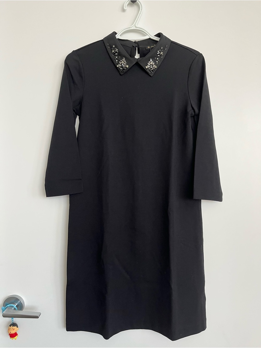 Massimo Dutti Black Beaded-Collar Long Sleeve Dress